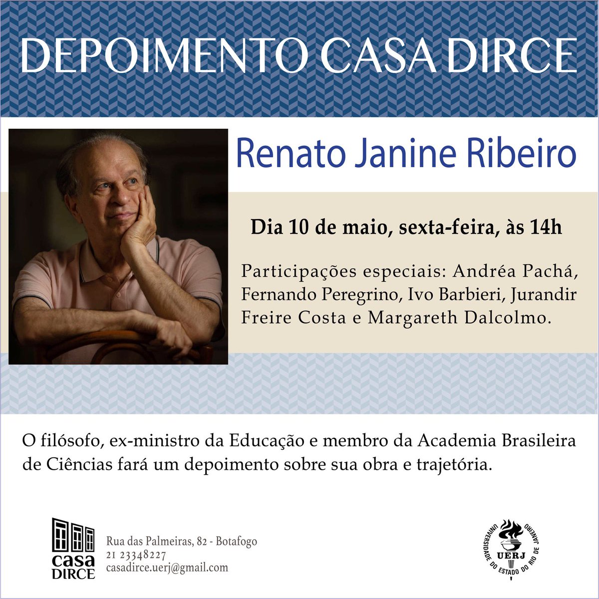 Sexta-feira, na @DirceCasa , temos a honra de receber @janine_renato para gravação de depoimento sobre sua relevante obra e impactante trajetória. Participações especiais e coquetel em homenagem ao filósofo.