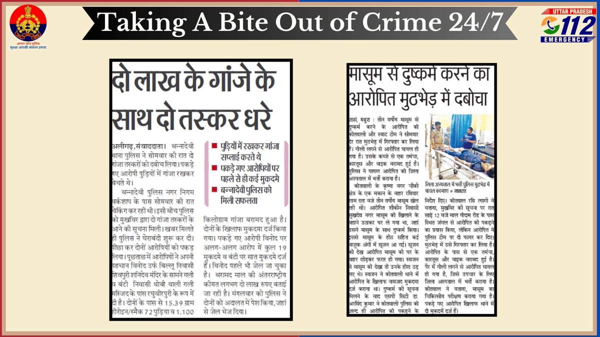 Zero Tolerance Against Crime - दैनिक समाचार पत्रों में प्रकाशित खबरें । #UPPInNews #WellDoneCops #GoodWorkUpp #agrazonepolice