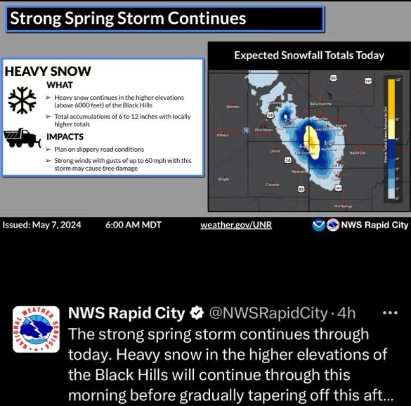 Up to a foot of snow & winter storms in the Black Hills — now emerging thunderstorms with potential for hail in eastern SD… SD weather is never boring! We’re monitoring the situation & will be ready to respond in the case of any emergencies. Stay aware of developing conditions.