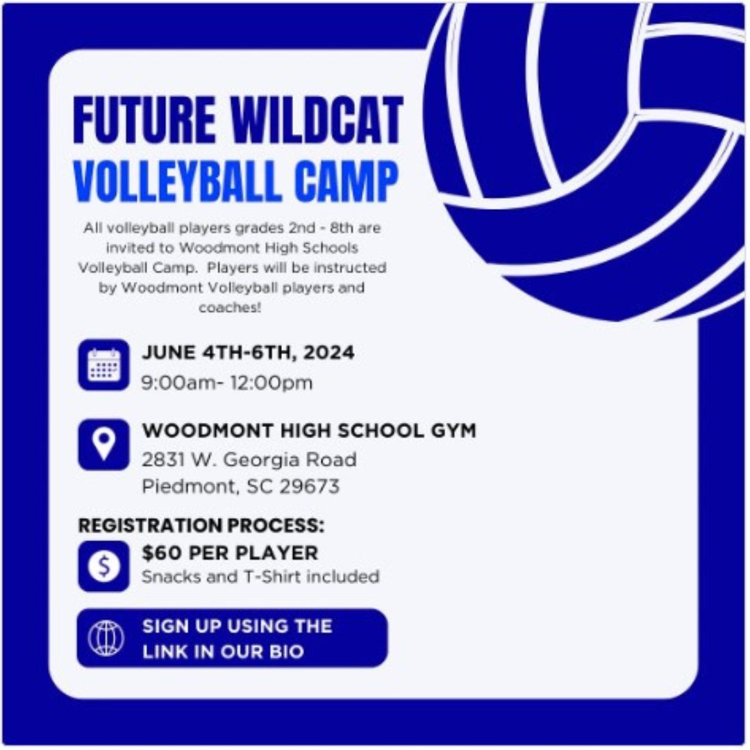 Future Wildcat Volleyball Camp June 4-6, 2024 9 am- 12:00 pm $60 per player Sign Up Here: docs.google.com/forms/d/e/1FAI… #WeAreWoodmont