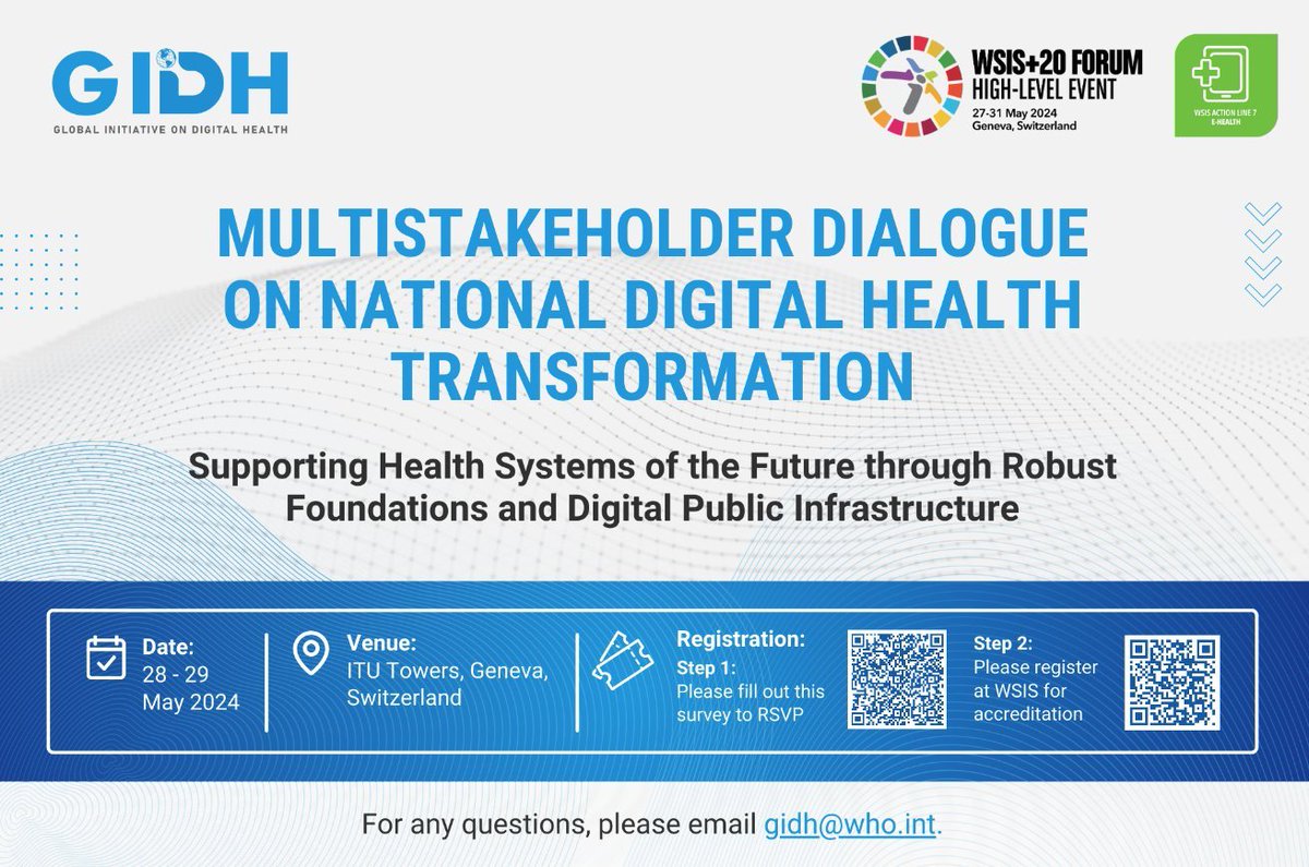 Join @WHO on May 28-29, 2024 for the Global Initiative on Digital Health (#GIDH) Multistakeholder Dialogue under #WSIS20. We'll explore #DPIs for health systems strengthening for national digital health transformation. Register here for more information! #DigitalHealth #WHA77