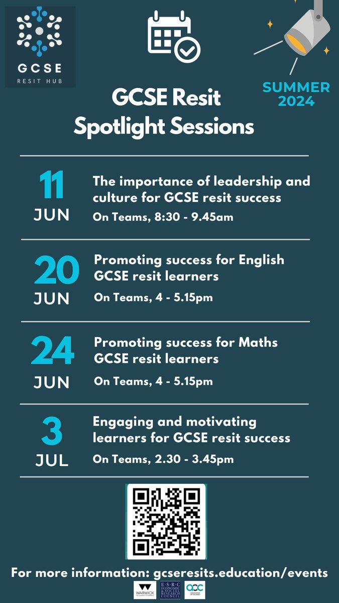🌟Join us for our upcoming free, online Spotlight events for GCSE resit maths and English teachers and leaders. Hear from inspirational speakers and connect with colleagues! To register, scan the QR code on the poster; more details coming soon. We can’t wait to see you there!🌟
