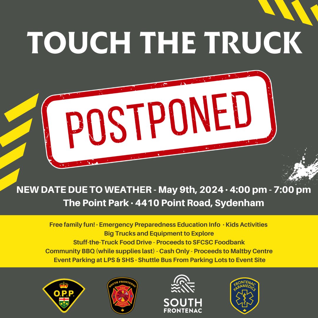 SthFrontenacTwp's tweet photo. Touch the Truck is POSTPONED! ⚠️⛈

Due to the forecasted thunder and lightning storms, we are postponing the event until tomorrow! Please join us on Thursday, May 9th from 4pm - 7pm. Please help us spread the word to your friends and neighbours! We'll see you tomorrow! https://t.co/LNQbJ1N8H4