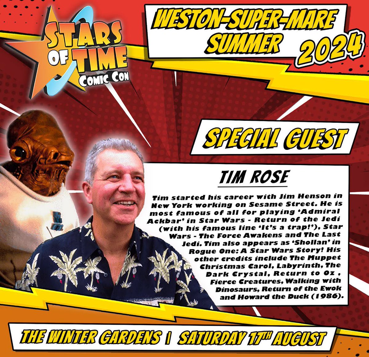 Meet TIM ROSE 💥 STARS OF TIME COMIC CON Sat 17th August THE WINTER GARDENS @WestonSeafront #ComicCon @visitweston #cosplay @VisitBristol @SuperWeston #StarWars @JediNewsNetwork @SWAUTOGRAPH @FanthaTracks #admiralackbar #jedi #muppets #puppet

Book Now at: eventbrite.co.uk/e/stars-of-tim…