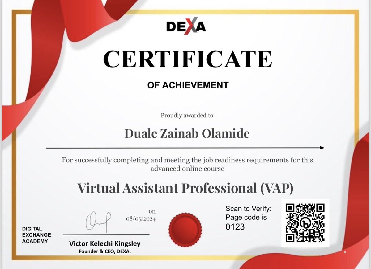 Excited to announce the achievement of earning my latest certificate! 🎓 It's been a journey of growth and learning, and I'm thrilled to continue expanding my skills in virtual assistance. Thank you @Learnwithdexa for the amazing opportunity #certification #growth #achievement