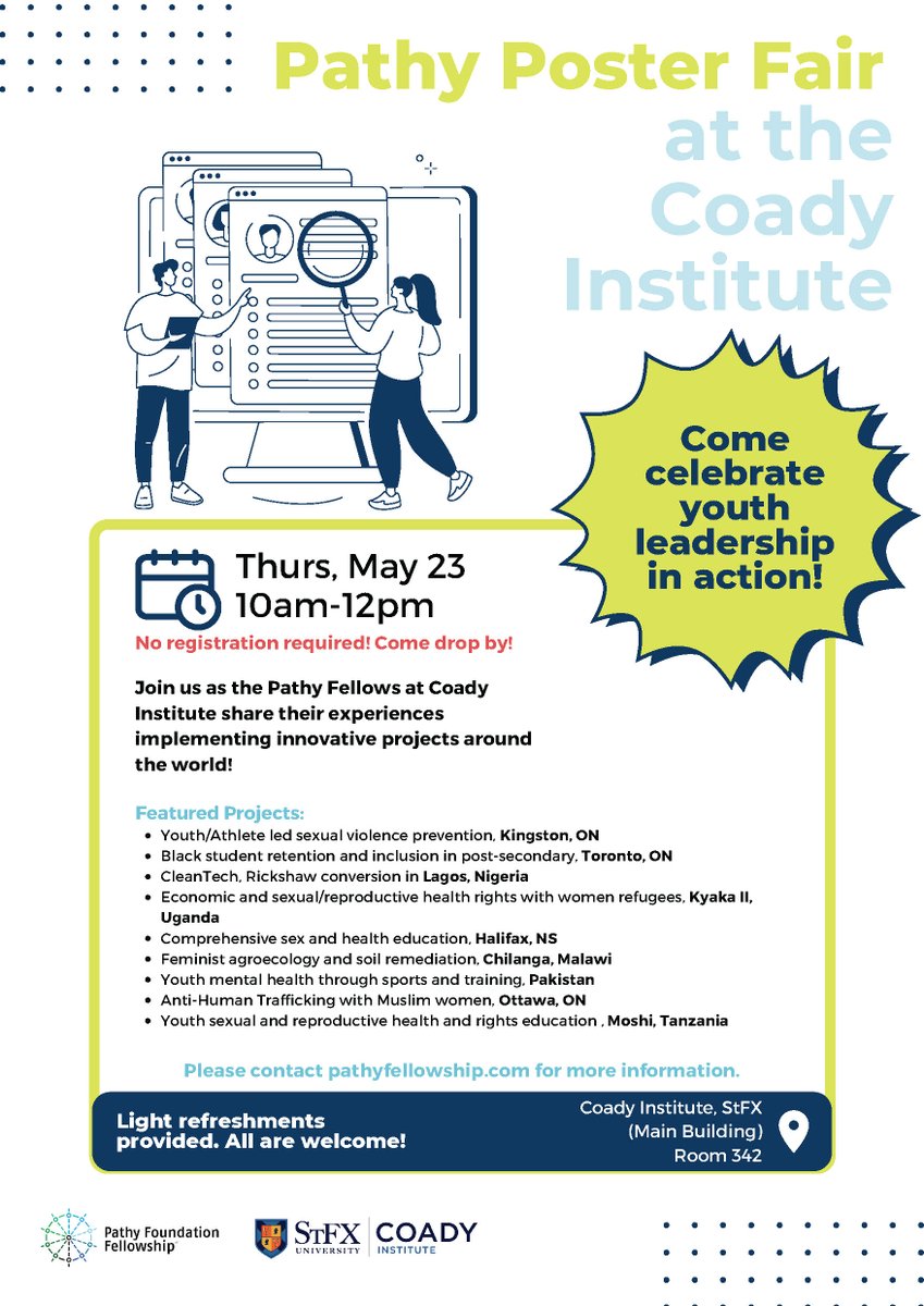 CoadyStFX's tweet image. The poster fair will be an informal opportunity to learn about how #youngleaders are applying and implementing their skills in #communitydevelopment in innovative and creative ways on critical social issues.