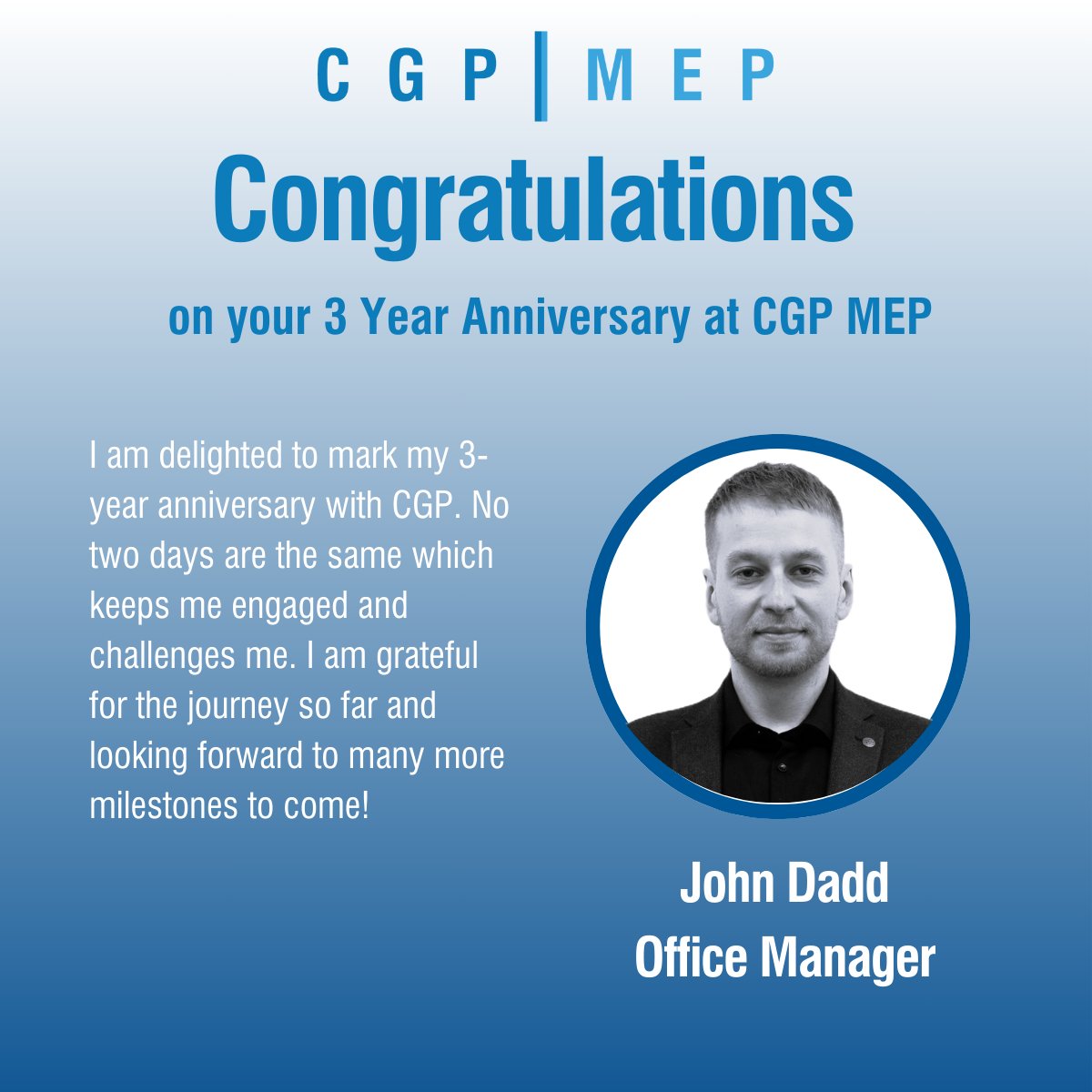 Our Office Manager John Dadd celebrates his 3 year anniversary with CGP this week! 

John is an integral part of the team, known as the "Swiss army knife" of the office as he has a solution for most issues that arise during the working day. 

Congratulations John! 

#teamcgp