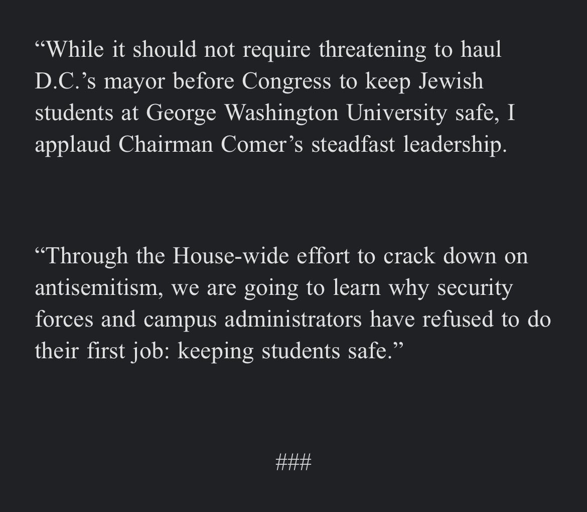 Inbox: “Speaker Johnson Commends House Oversight Committee for Forcing D.C. to Clear Pro-Hamas Encampments” The GW encampment was cleared early this morning ahead of a planned hearing w/ Mayor Bowser and the MPD chief on the subject.