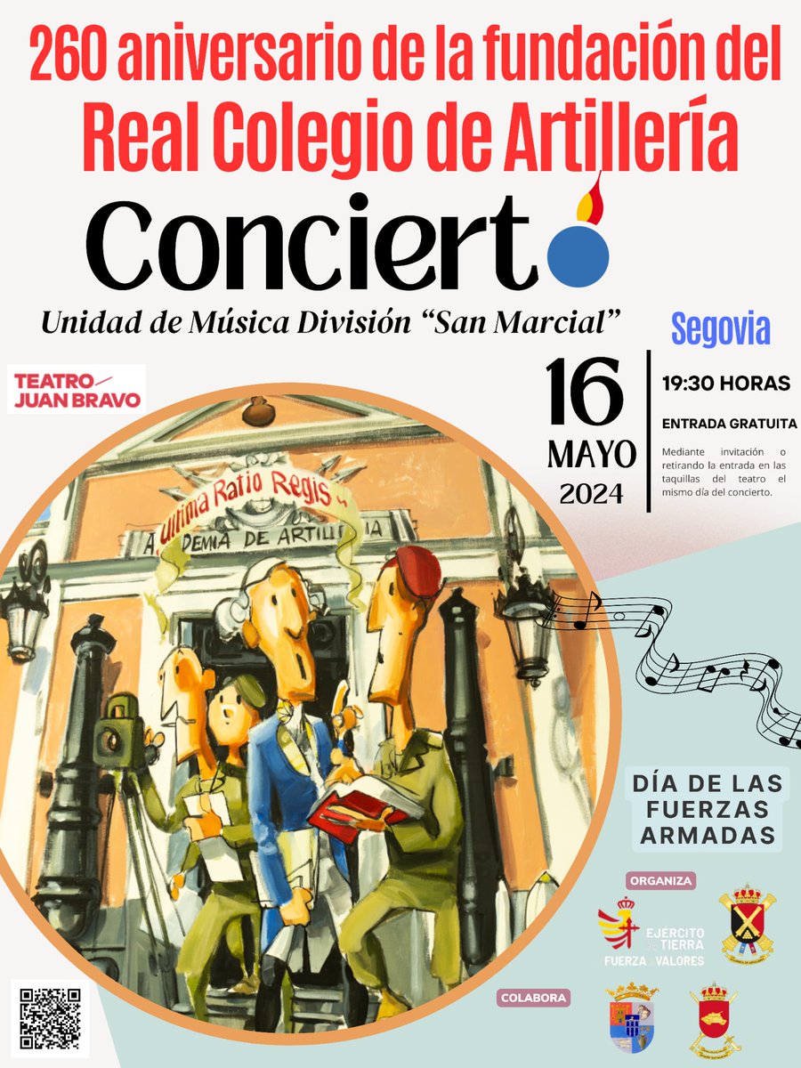 #DIFAS24 #Segovia: Concierto «260º aniversario de la fundación de la #AcademiadeArtillería», a cargo de la Unidad de Música de la División San Marcial el jueves 16 de mayo a las 19:30h en el @TJUANBRAVO1 @DipuSG. #ACART_ET #UltimaRatioRegis #EjércitodeTierra