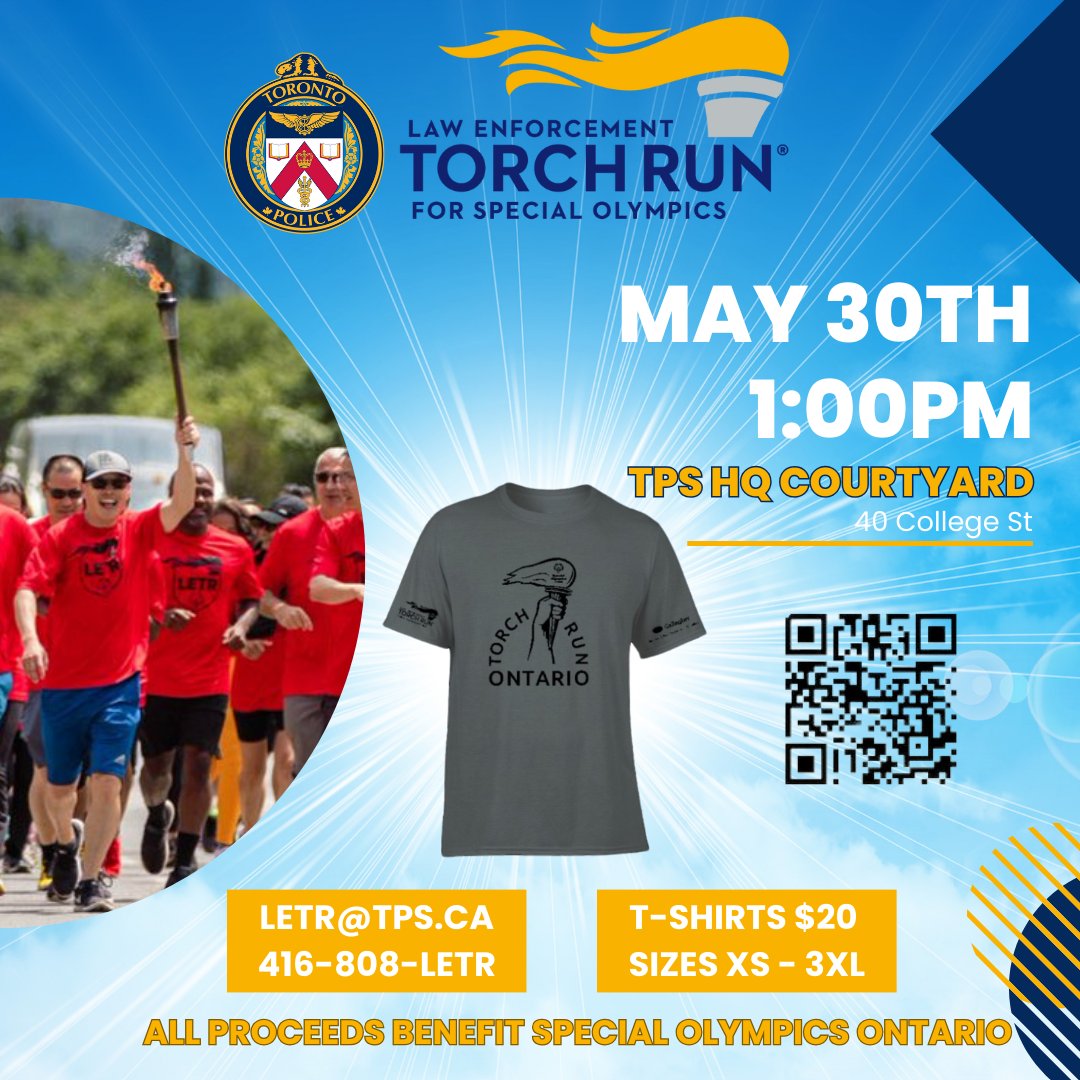 Get your t-shirt!

$20 not only gets you a t-shirt, but you can join us at the Torch Run, on May 30th at 1pm, <a href="/TorontoPolice/">Toronto Police</a> HQ.

Every purchase will help make a difference in the lives of <a href="/SOOntario/">Special Olympics Ontario</a> athletes.

letrontario.crowdchange.ca/70106