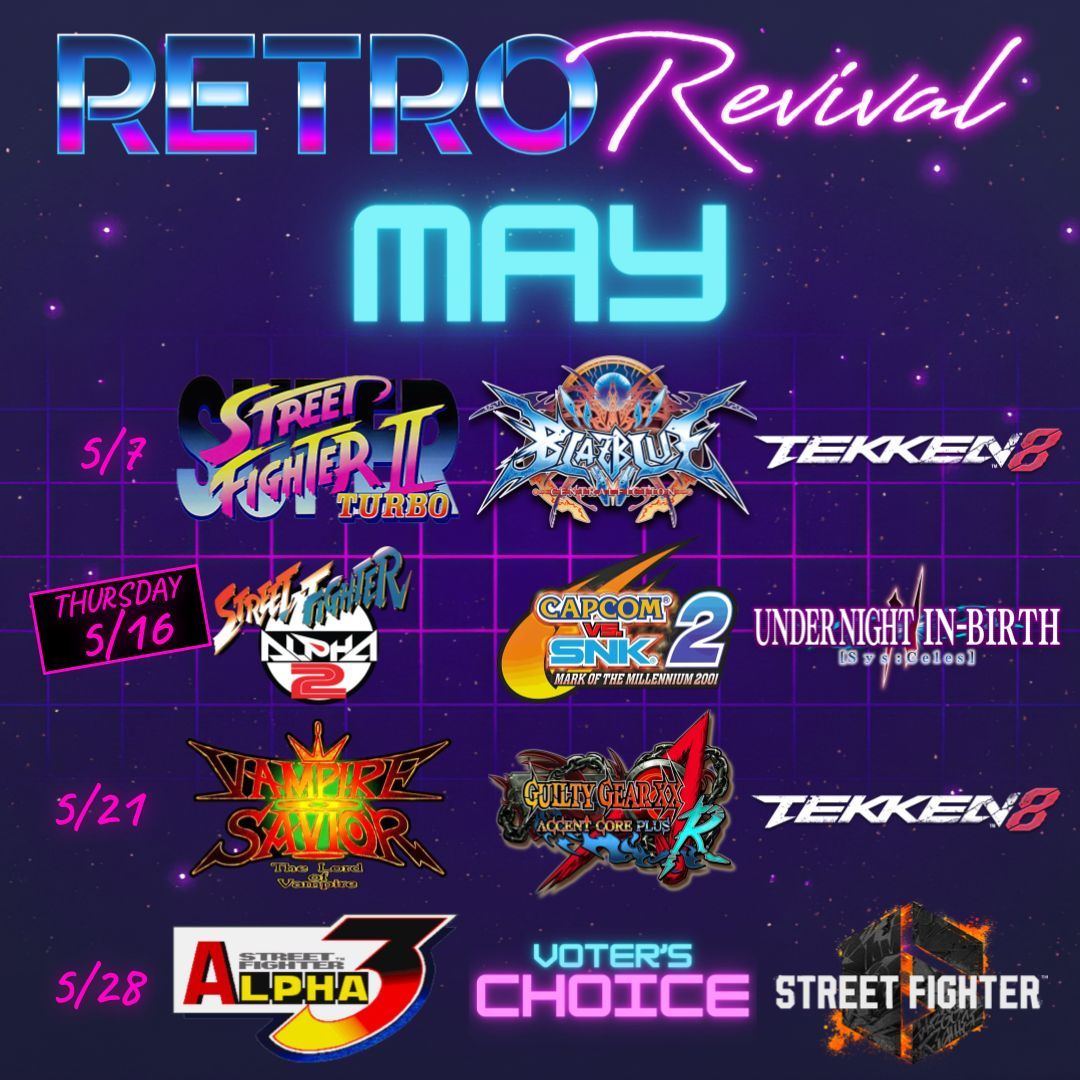 📢  SCHEDULE CORRECTION 📢 

Because District Eat &  Play is going to be closed on Tuesday 5/14, the Retro Revival weekly is going to take place on Thursday 5/16 next week. It'll be at the same time as usual, brackets start at 7pm.
#RetroRevival #FGC #SupportYourLocals