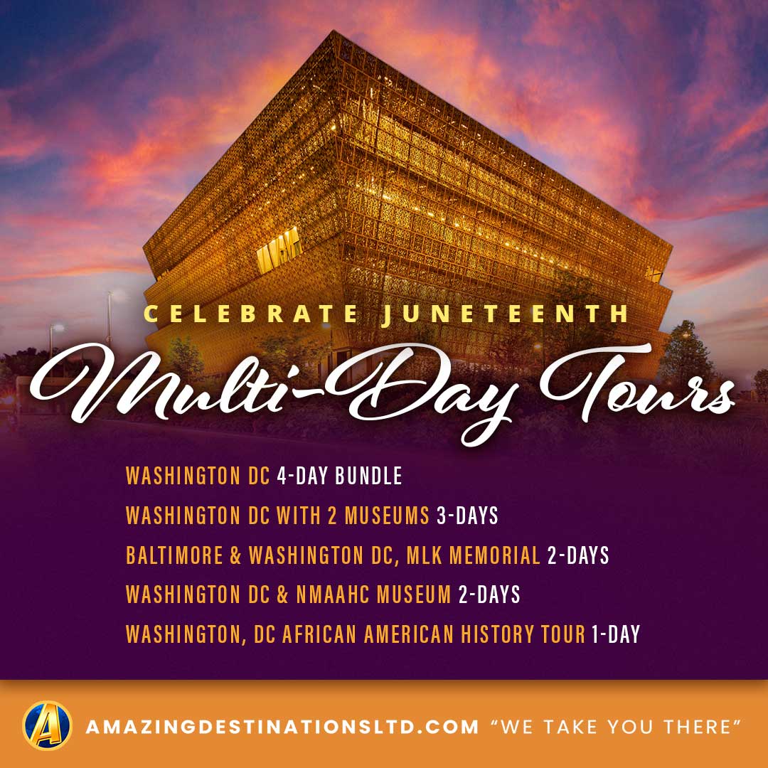 🎉 Prepare to celebrate #Juneteenth! 🤩 Let #AmazingDestinations take you on an unforgettable journey through 🇿🇦 #AfricanAmericanHistory and culture! Contact us now to plan your adventure! 🚌 'We Take You There!' #CelebrateFreedom #JuneteenthCelebration