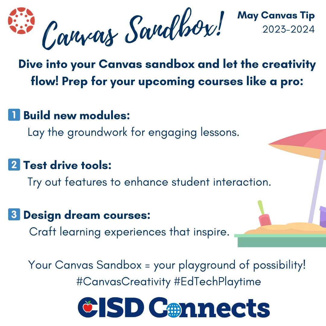 CISD_Connects's tweet photo. 🚀 Elevate your Canvas skills with your Canvas Sandbox Course and fuel your imagination! Your Canvas Sandbox is where you can play, mess up, and play again. Feel comfortable to try something new! Learning ignites creativity! ✨ #CanvasCreativity #EdTechPlaytime @Canvas_by_Inst https://t.co/ShELDgK2dv