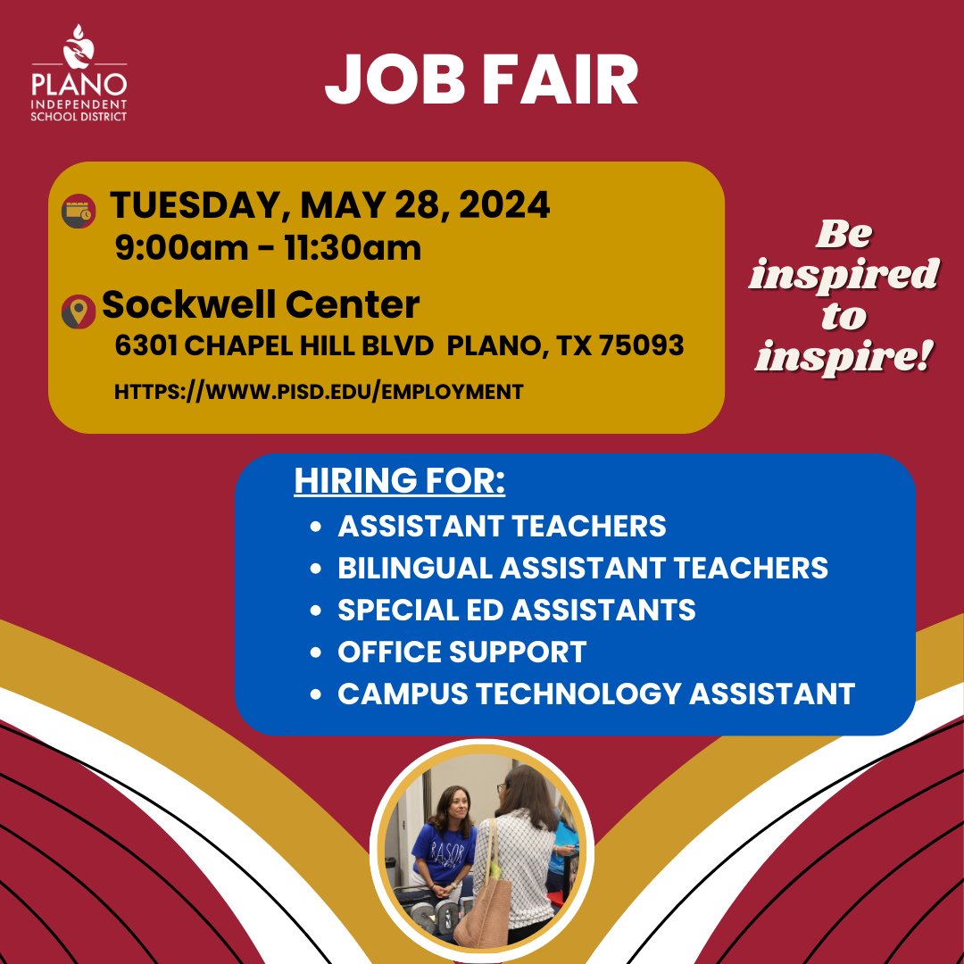 Plano_Schools's tweet photo. 🌟 Be inspired to inspire! 🌟

📅 Mark your calendars and attend Plano ISD's Job Fair on Tuesday, May 28!

Learn more and register: https://t.co/LUYvLonGte
#LevelUpPlanoISD https://t.co/lmsYF2rK2a
