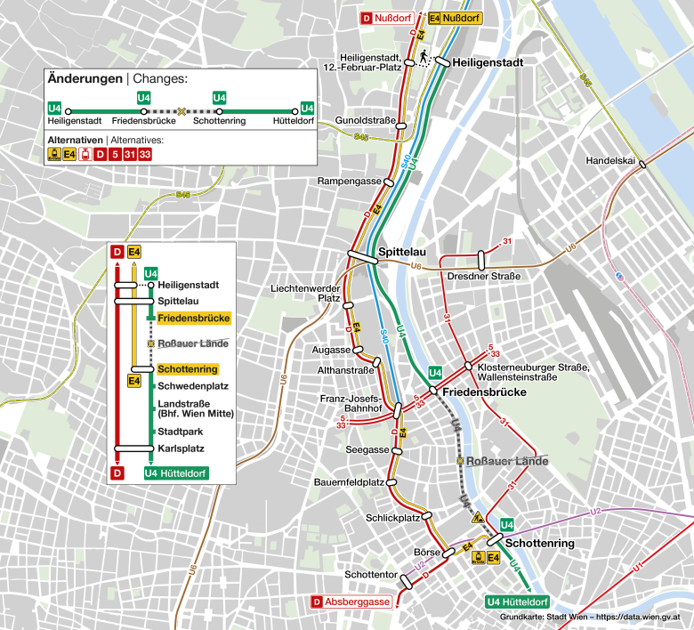 #ServiceTweet U4 Betriebseinschränkung: Wir tauschen Weichen, daher kein Betrieb zwischen Schottenring und Friedensbrücke - 9.5. 00:30 Uhr bis inkl. 12.5. sowie 18.5. 00:30 Uhr bis inkl. 20.5.! Es ist die Ersatzstraßenbahnlinie E4 unterwegs. Alle Infos: wienerlinien.at/news/netz-erst…
