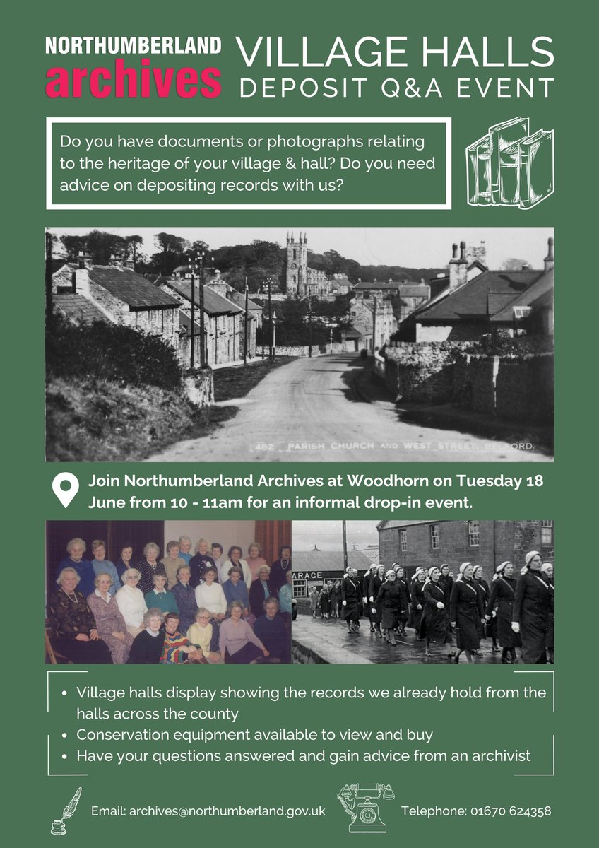 Do you have documents relating to the heritage of your village and hall? Come to this special informal event to find out how to deposit items with a Q&A.
📅 10-11am Tues 18 June
🗺️ Woodhorn, Ashington @NorthldArchives 
#villagehalls