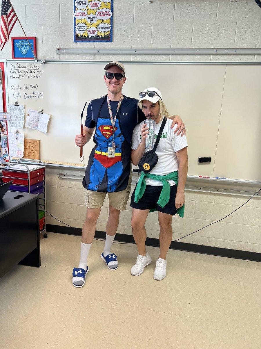 MrFranj_SFHS's tweet photo. I don’t mean to brag, but I feel like Mr. Stewart and I absolutely nailed the theme day today - this is how you do #schoolspirit correctly!! 🦁💚 #soccermom #BBQdad https://t.co/AH5AzgLlCc