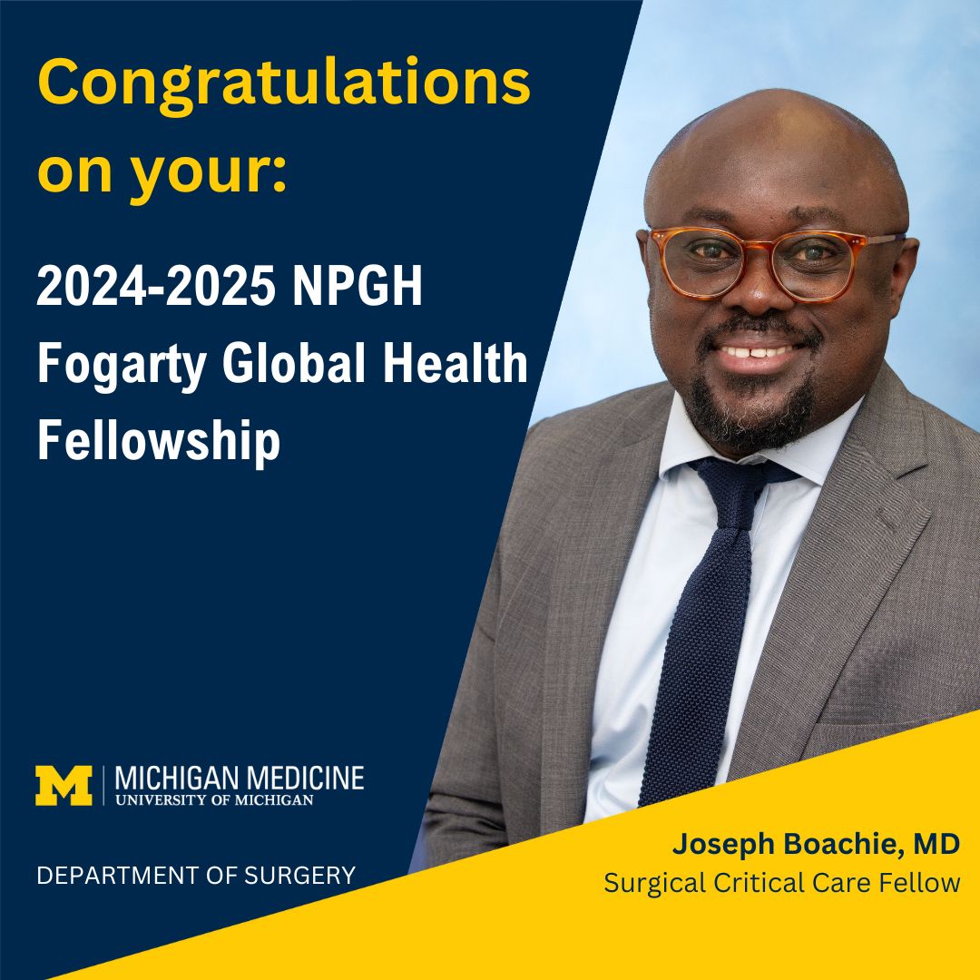 NPGH Fogarty fellowship awardee @joeboachie will study & help strengthen critical care systems in low-middle income countries, building in-country capacity & enhancing US surgical education. Mentors: @R_feller_Oteng Krishnan Raghavendran, MD Pauline Park, MD PK Baidoo, MD