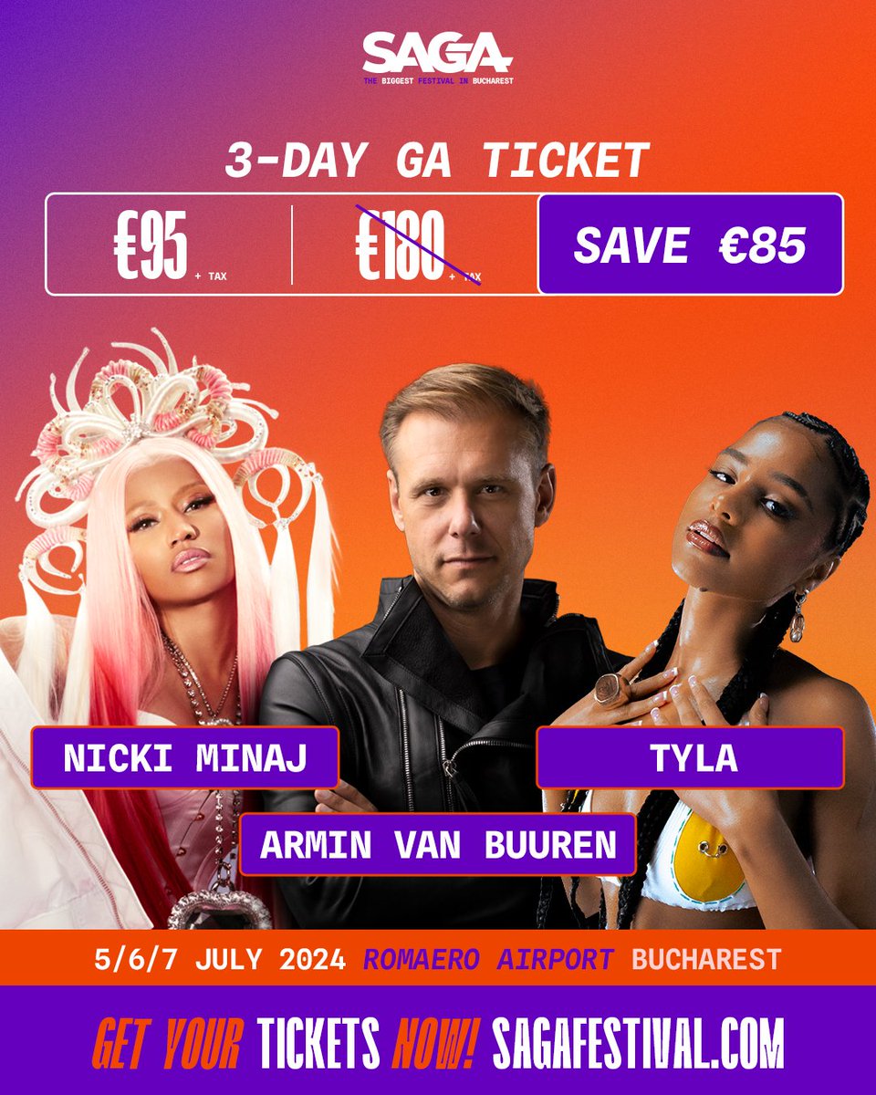 🧡 Few weeks left until you can see your favorite artists! @nickiminaj, <a href="/Tyllaaaaaaa/">Tyla</a>, <a href="/arminvanbuuren/">Armin van Buuren</a> and many more! Get your ticket now from sagafestival.com 🎟️ #WeAreSAGA