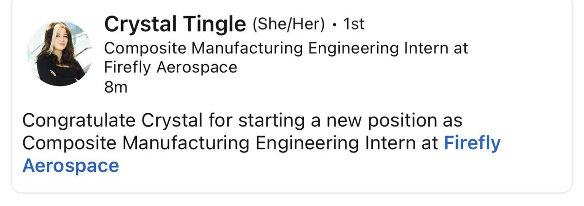 UAMMI’s past intern Crystal Tingle Congratulate Crystal for starting a new position as Composite Manufacturing Engineering Intern at Firefly Aerospace