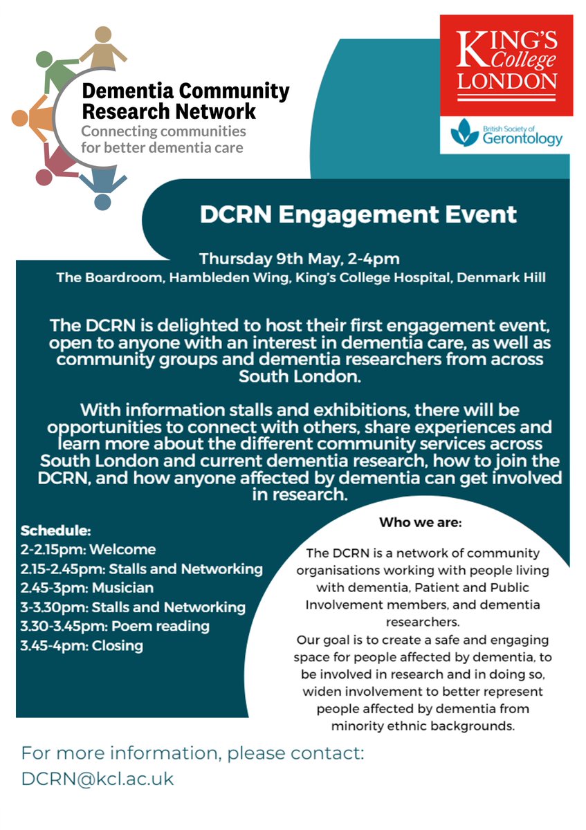 📢 Join us for our first engagement event tomorrow at 2.00-4.00pm, in the Boardroom of King's College Hospital! Lots of information about #dementia community services in South London, latest dementia care research and how you can get involved! arc-sl.nihr.ac.uk/events-trainin…