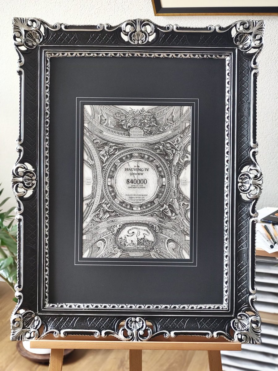 Plebs, I would be interested in your opinion once again! What do you think of this setup of baroque frame, matt black passe-partout and one of my drawings? The colors are black/silver to emphasize the colors of the graphite I am using to craft my #Bitcoin drawings. Is it too…