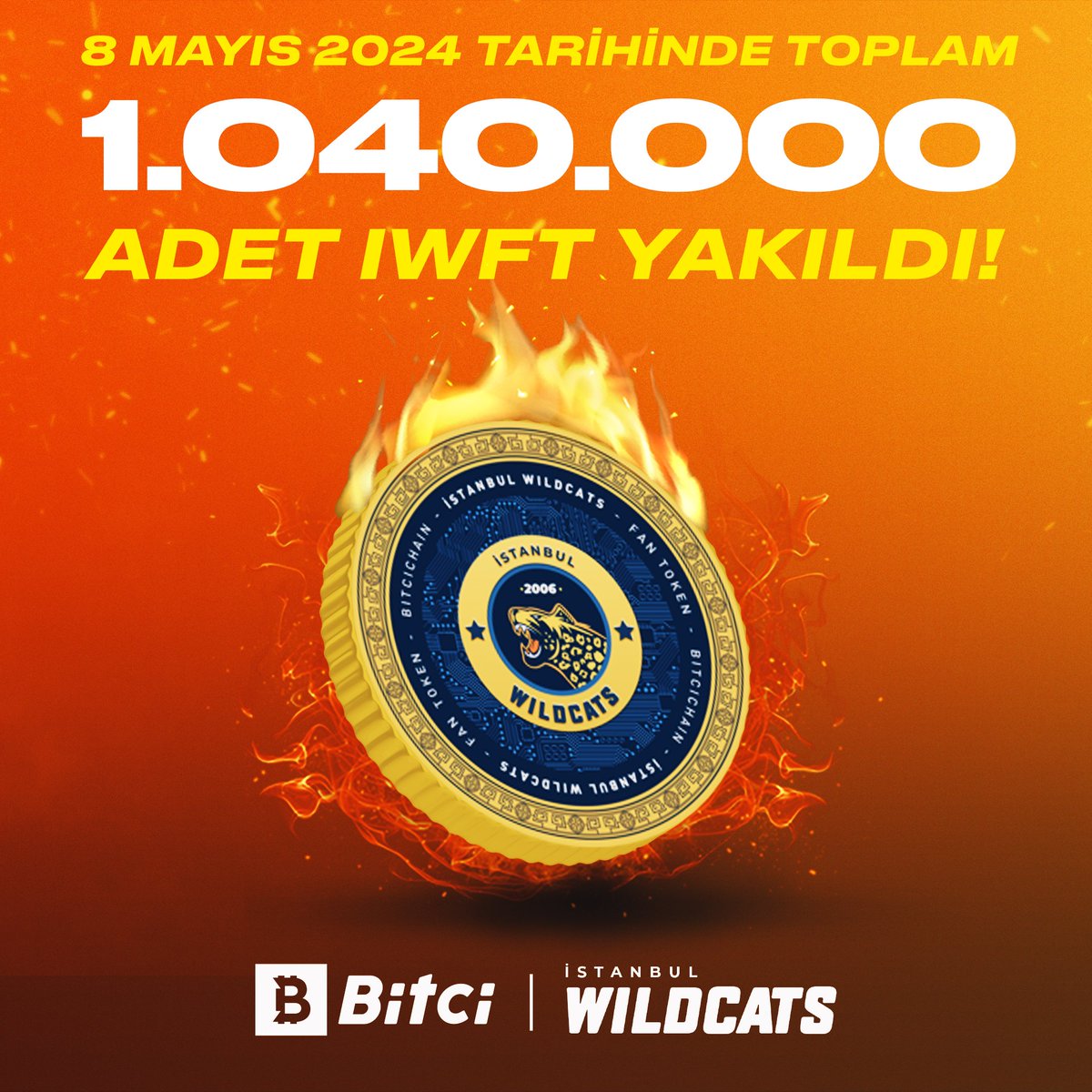 🐈 İstanbul Wildcats başarı yakımları devam ediyor! 🔥 8 Mayıs 2024 tarihinde toplam arzdan 1.040.000 adet $IWFT yakım işlemi tamamlandı. 🔥 👉 bit.ly/3QCGARR #Bitci #İstanbulWildcats #IWFT