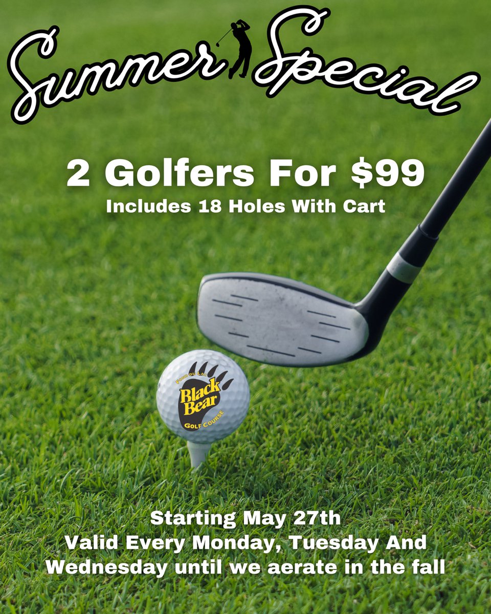 🌟 Our Summer Special is back, starting May 27th! 🌟 Enjoy 18 holes of golf with a cart for only $99 for two golfers! 🏌️‍♂️⛳️
📞 Call now to book your tee time at 218-878-2485 or visit GolfAtTheBear.com to reserve your spot online. ⏰📲

#SummerSpecial #GolfDeals #TeeTime