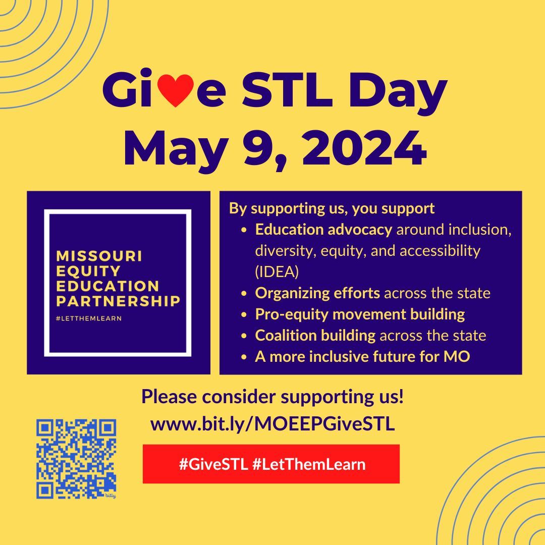 Join the movement for a better future. Stand up for equity, inclusion, and accessibility. Together, we can create systemic change and make life better for everyone. #LetThemLearn #CivilRights #Activism #BeTheChange

Give at bit.ly.com/MOEEPGiveSTL