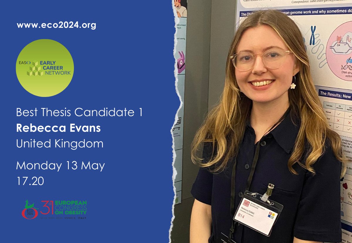 Rebecca Evans is looking forward to presenting her thesis at #ECO2024 on Monday 13th May at 17:20. Join the @EASOobesityECN board in congratulating Rebecca. @EASOobesity @EASOpresident @R_K_Evans