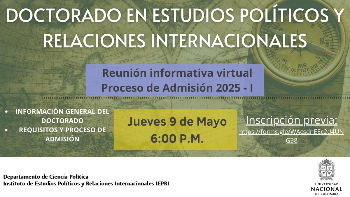 El próximo 9 de mayo tendremos una charla informativa virtual sobre el proceso de admisión al @Doctespri_UN Inscríbete en el siguiente link: forms.gle/9wA37ZUqnvVGZ7…