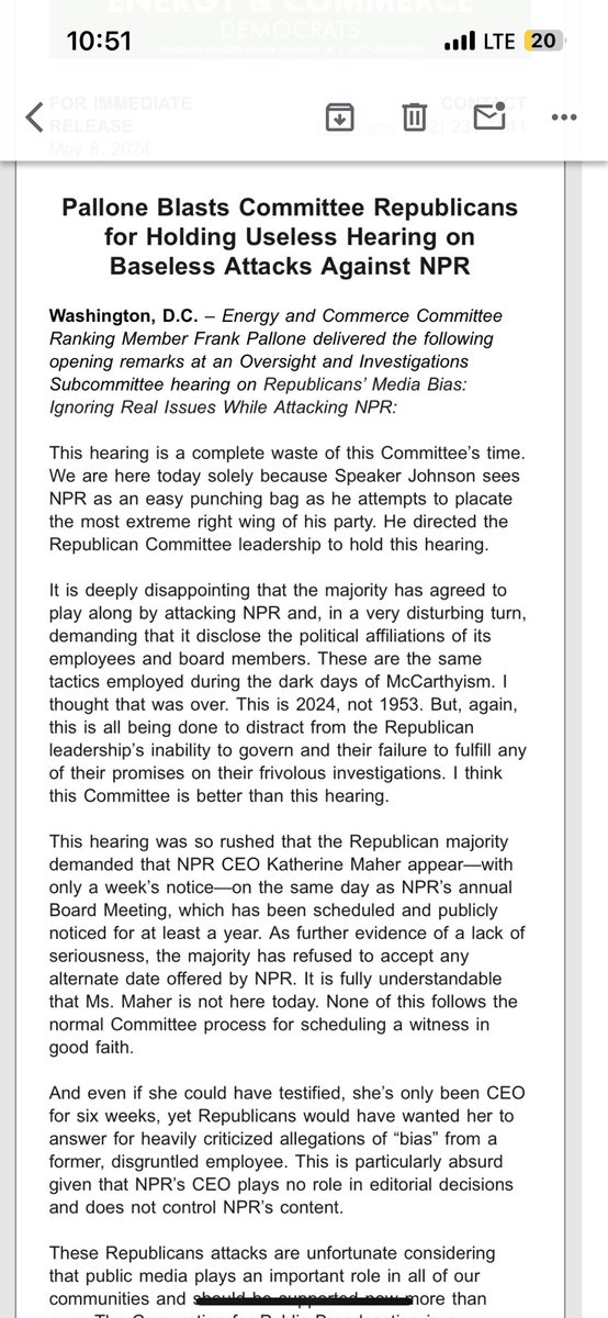 New statement from Frank Pallone, a Democrat, on NPR hearing: “We are here today solely because Speaker Johnson sees NPR as an easy punching bag…”