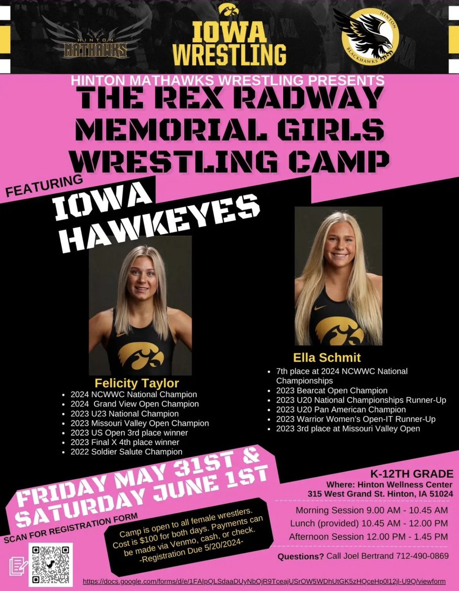 Featured camp coming up later this month with @fkaytaylor and Ella Schmit. K-12th Grade Hinton, Iowa Register with QR code! Feature your camp: iawrestle.com/youth-tourname…