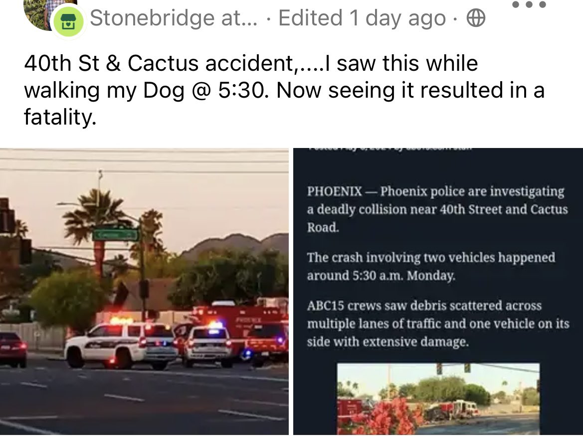 Tragic. <a href="/StreetsPHX/">Phoenix Street Transportation</a> #CALLTOACTION on 36th/40th Street (Cactus &amp; Shea) needs attention. Too many TBONES taking place. <a href="/PhoenixPolice/">Phoenix Police</a> <a href="/PHXFire/">Phoenix Fire Dept.</a> -> agree? Requesting an immediate no 2 upcoming Campaign Signs on these corners (just ask Karen.)The newly planted trees -not brilliant.