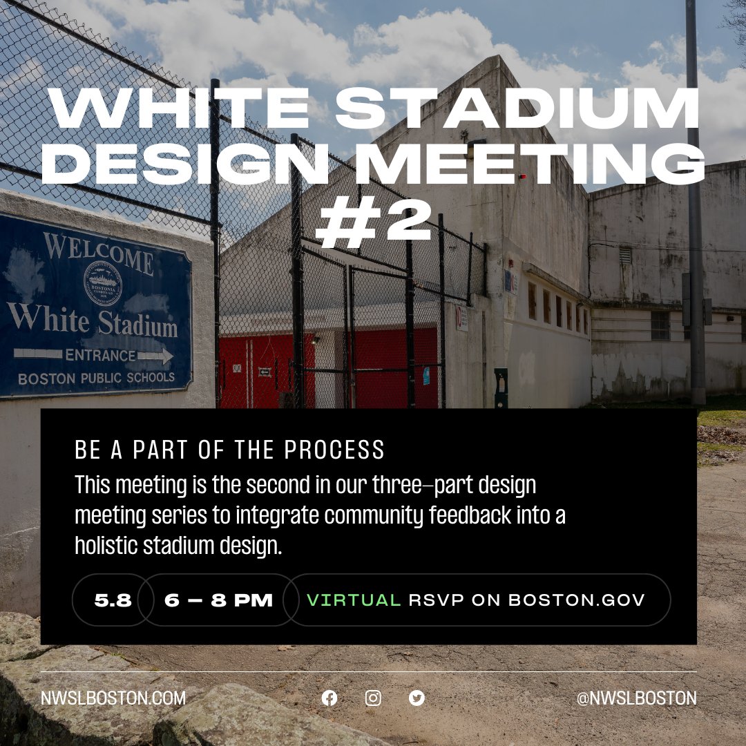 Tonight 6 - 8 PM, be a part of the process with our team and the @cityofboston for White Stadium Design Meeting #2. This virtual meeting is the 2nd in our 3-part design meeting series to integrate community feedback into a holistic stadium design. RSVP at boston.gov/calendar/white…