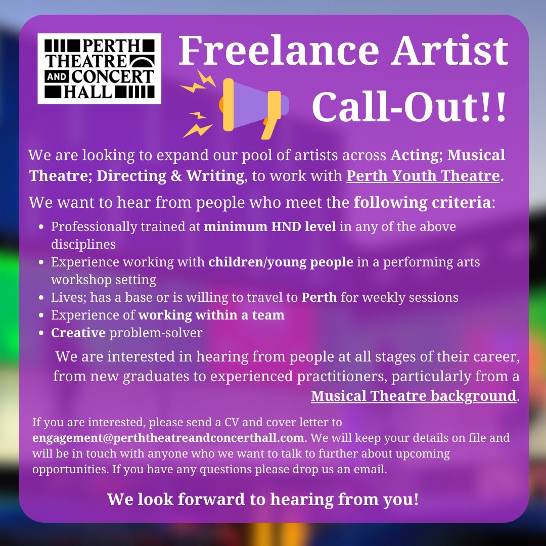 We have an exciting opportunity for freelancers across #Scotland! Come and join our Perth Youth Theatre #freelance team!

#theatre #theatrepractitioner #freelanceartist #perthshire #musicaltheatre #perthshirejobs