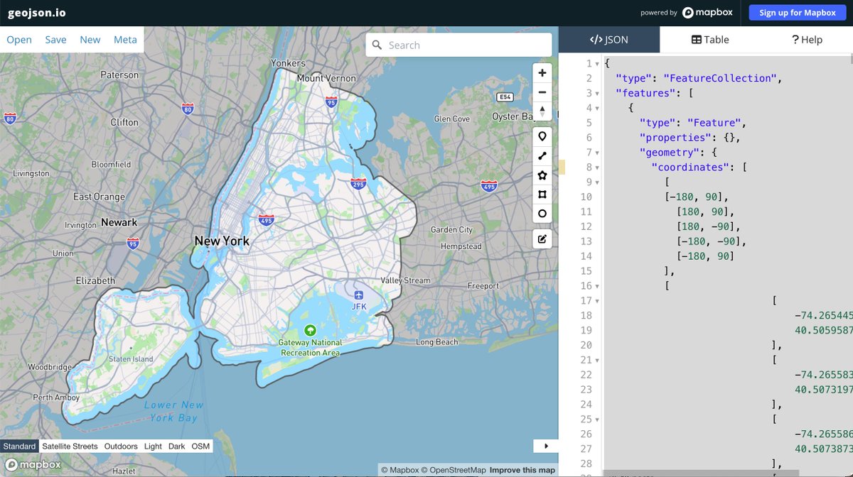 chris_whong's tweet image. I hand-jammed a "clipping mask" geojson to help out my students. (a polygon that covers the earth but has a "hole" in it, useful for masking or subduing the basemap) Curious if anyone knows of existing tools that will do this sort of thing quickly. #gistribe