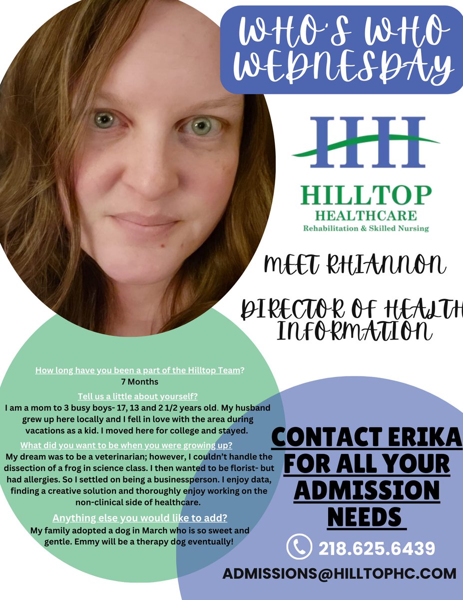 ✨It's Who's Who Wednesday✨ Meet Rhiannon - Director of Health Information
#skillednursingfacility #healthinformationmanagement #thankful #duluthmn #HilltopHealthcare