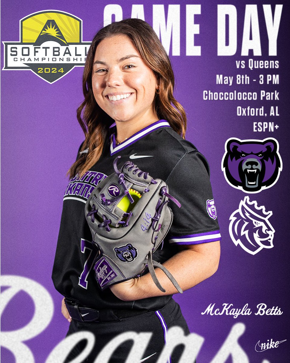 It's GAME DAY! Our ASUN Championship quest starts today, as we take on Queens at 3 PM! 🆚- No. 7 Queens 📍- Choccolocco Park 📺- tinyurl.com/3b87krfz 📊- statb.us/b/526505 #BearClawsUp
