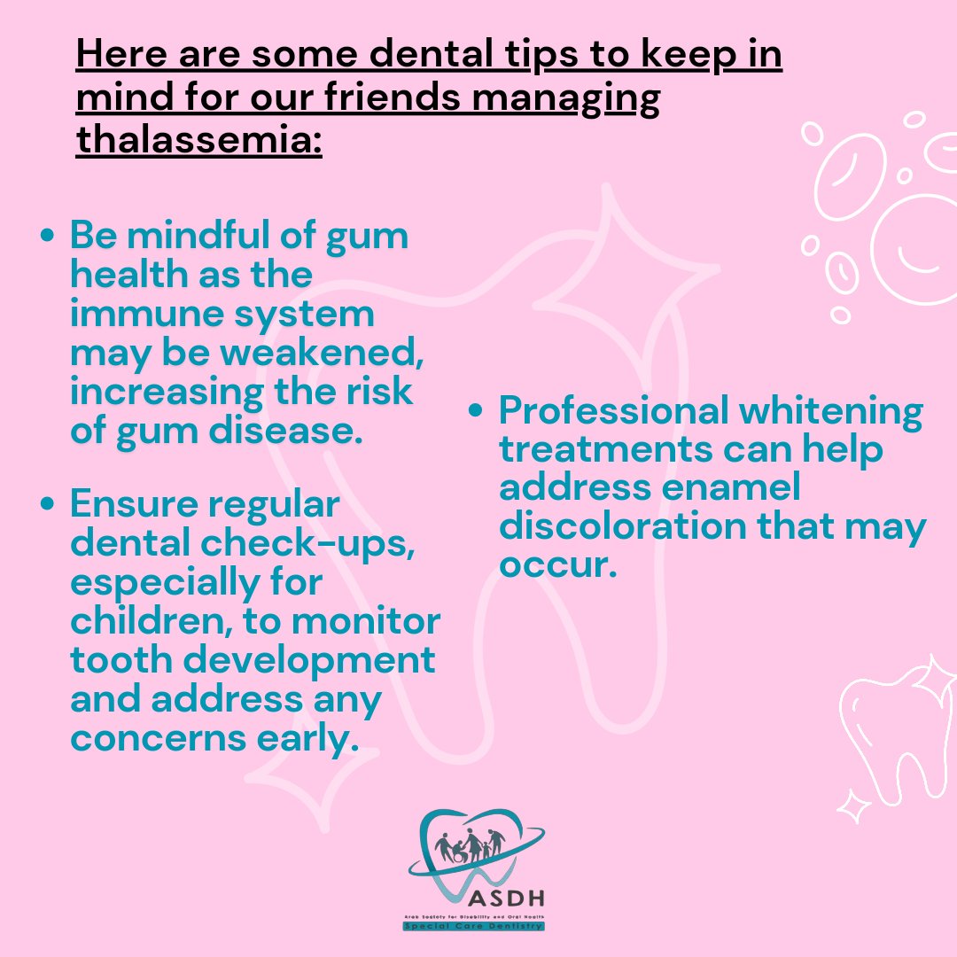 Asdhmena's tweet photo. On International Thalassemia Day, let's remember the importance of good oral health for those with thalassemia. Regular dental care and healthy habits are essential for a bright smile and overall well-being.

#internationalthalassemiaday #specialcaredentistry #asdhemena https://t.co/jGIm4qI9xK