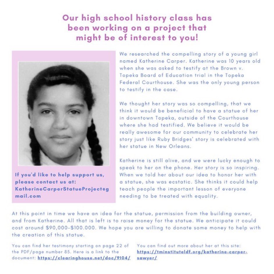 I have another student #civicengagement project to announce. Students created a flyer to spread the word about this moving #civilrights story. Katherine Carper is a hero to celebrate.  Time to #fundraise! Anyone know big #donors? It's a moonshot, but @Oprah   @gatesfoundation?