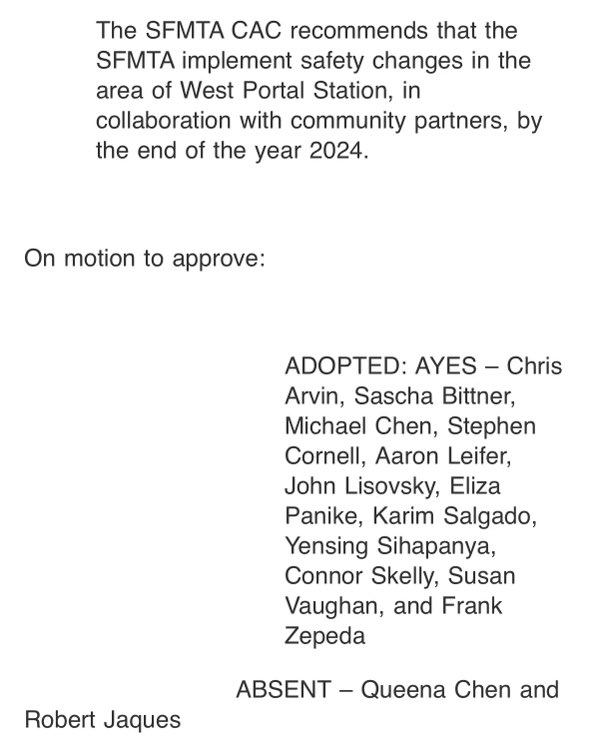 The SFMTA Citizens’ Advisory Council has recommended that SFMTA move forward with the proposed improvements for West Portal 👏 Please sign the petition for the improvements at WelcomingWestPortal.com The improvements will improve safety for all people and the area more broadly.