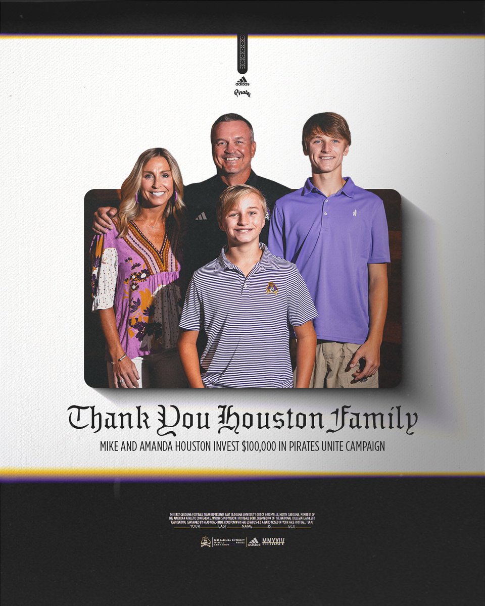 Thank you to the Houston family for their donation to the Pirates Unite Campaign! 🏴‍☠️ @ECUCoachHouston