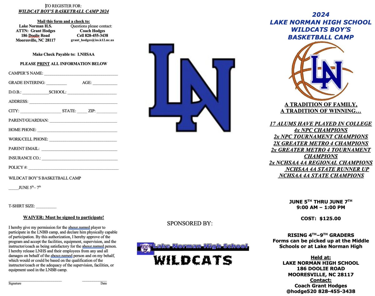 🏀🚨 Wildcat Youth Basketball Camp 🏀🚨 🗓️ June 5th - 7th ⏲️ 9:00am - 1:00 pm 📍 Lake Norman High School 📣 Come learn from some of best players in the area