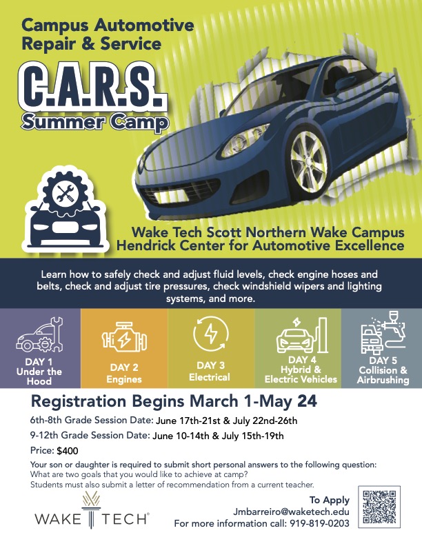 At Wake Tech, we've got a unique summer camp for middle and high schoolers to get the wheels turning. Students interested in automotive may qualify for free or reduced camp costs. Register TODAY!