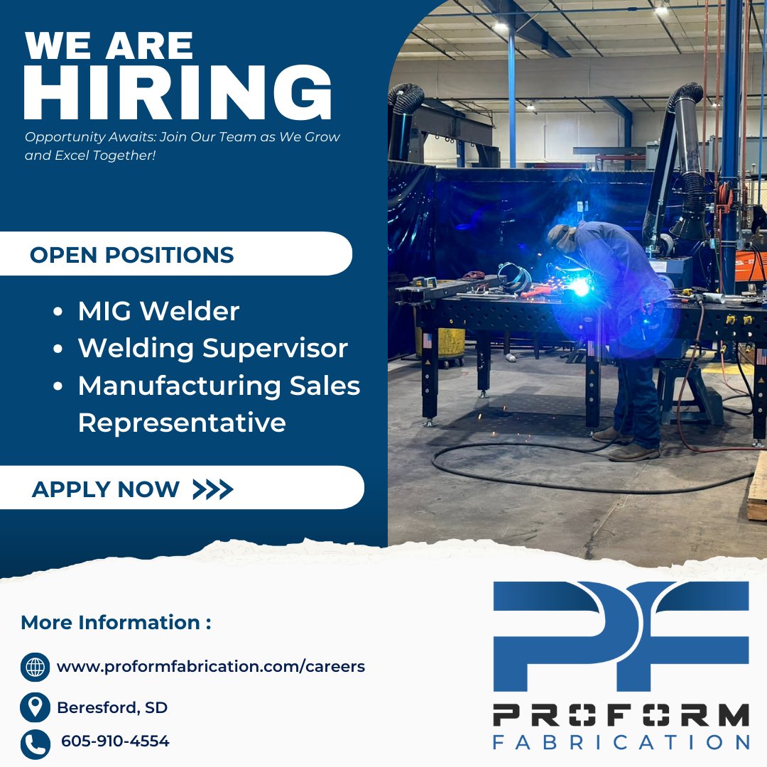 Looking for a new opportunity in the fabrication and manufacturing industry?  We're hiring for multiple positions and want YOU to join our team. Visit our website to see all of our open positions and take the next step in your career today. 
proformfabrication.com/careers