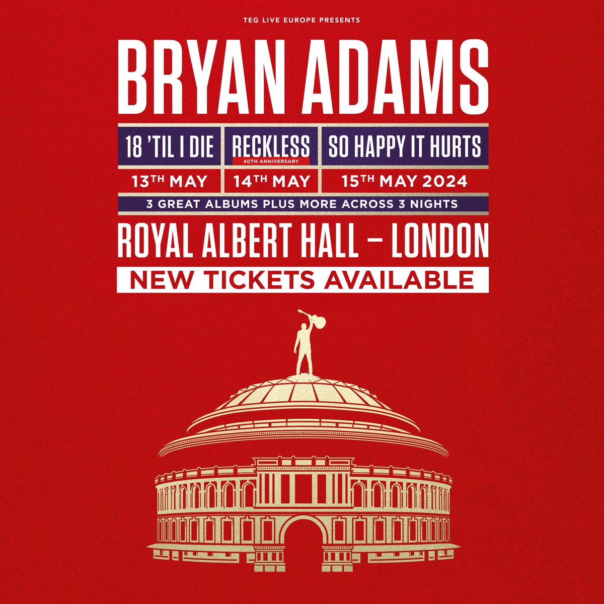 📢 @bryanadams fans, we've got some good news for you. Tickets have been released for all dates of his three-night residency next week. Book now: bit.ly/4b5RSpX
