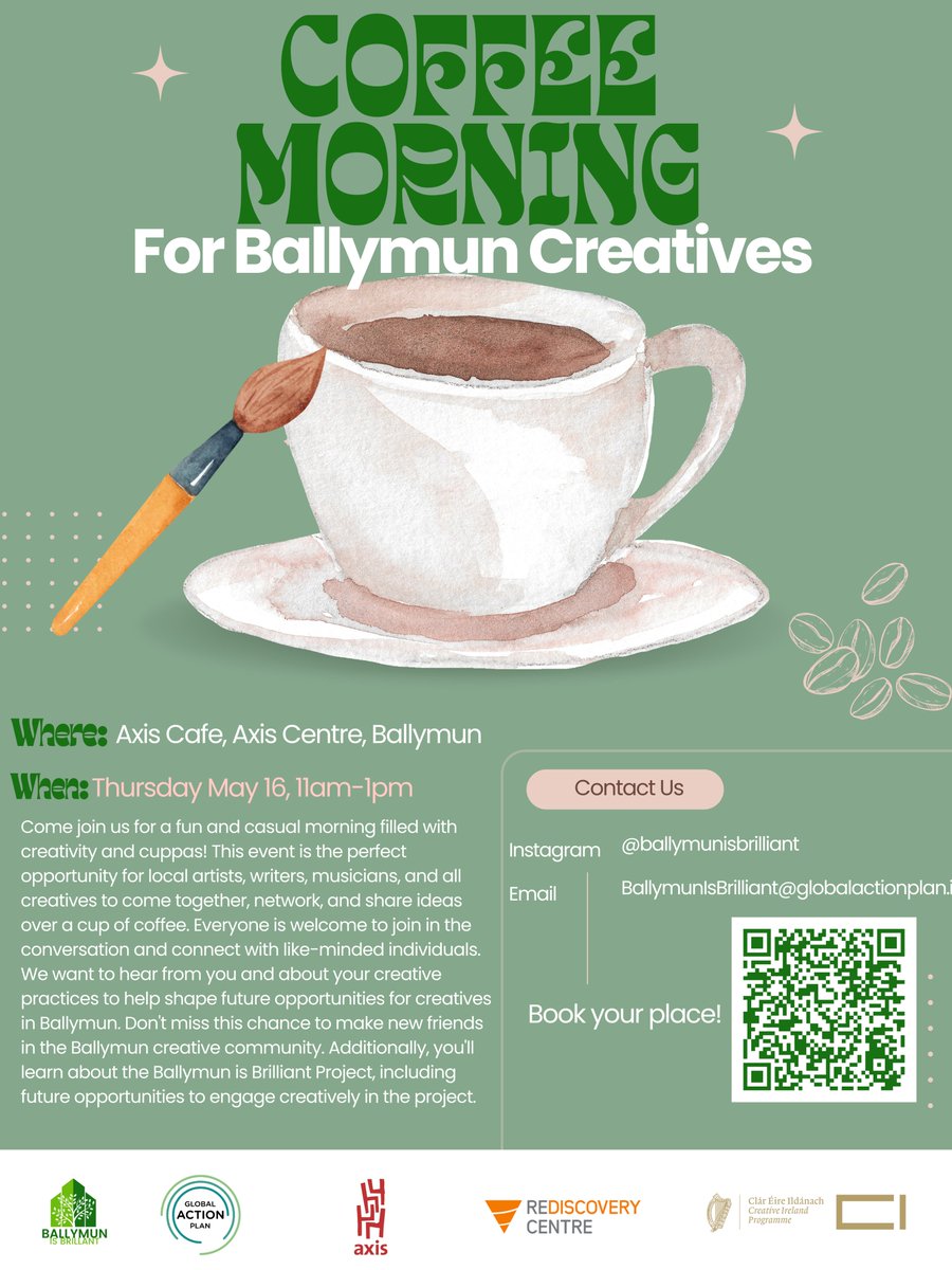 for a morning filled with creativity and cuppas! This event is the perfect opportunity for local artists, writers, musicians, and all creatives to share ideas over a cuppa. All are most welcome and you can register here: eventbrite.ie/e/coffee-morni…