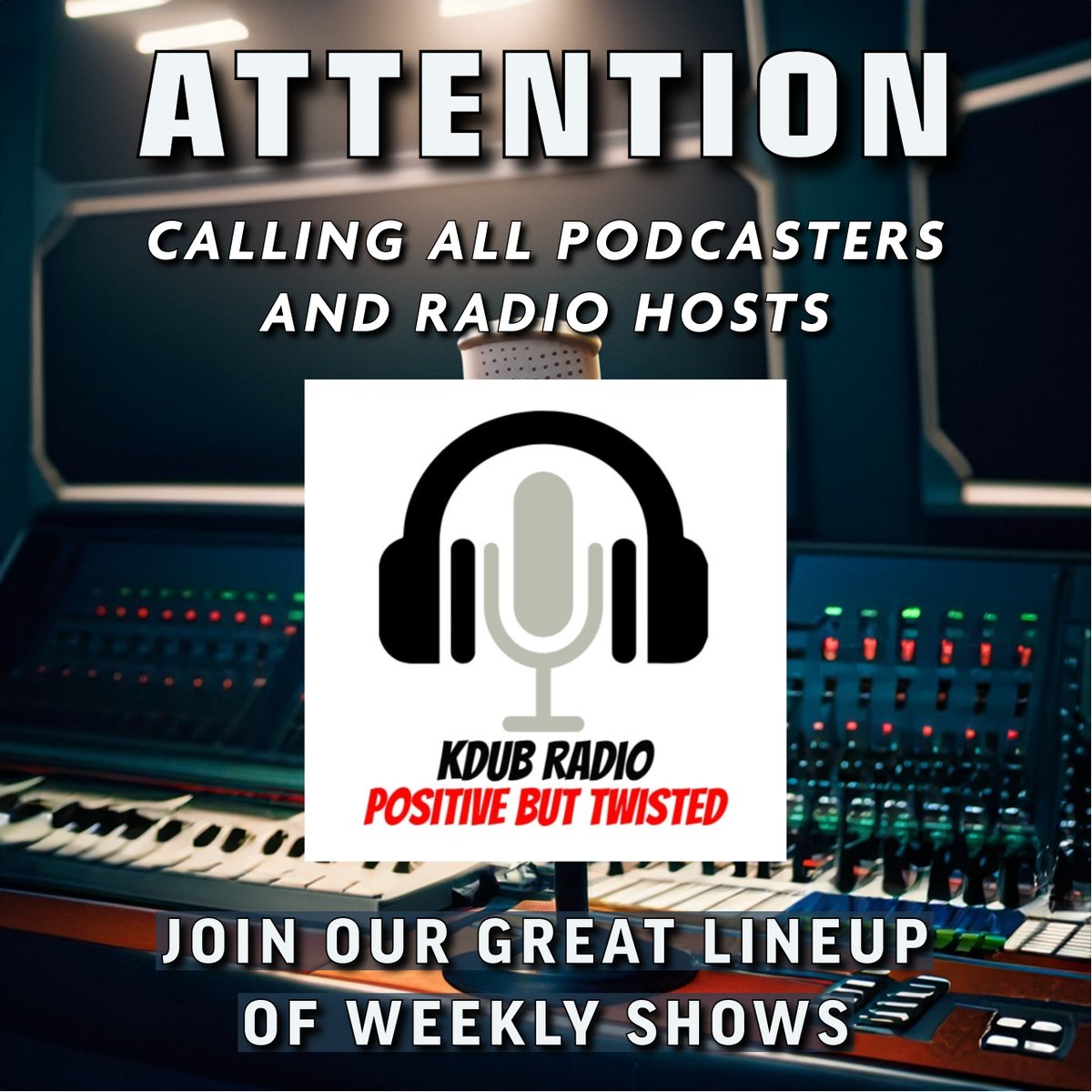 **Attention** Do you have a podcast or a radio show but nowhere to air it? Well, KDUB Radio is looking for you. Please email us at kdubradio1@gmail.com to get information on how you can get your show or podcast on KDUB Radio. kdubradio.com @bdub1199