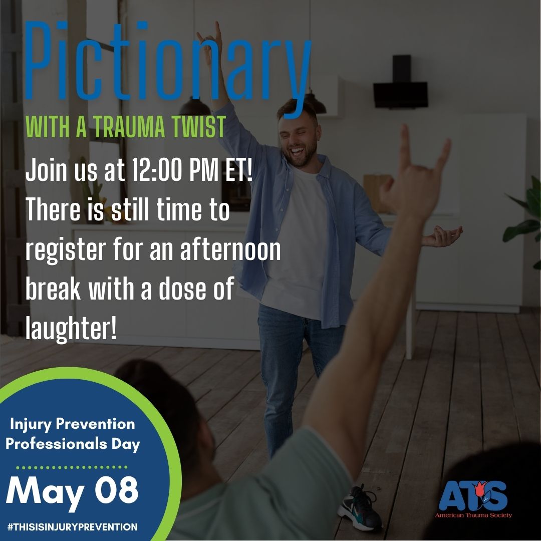 Join us at 12:00pm ET for an afternoon of fun and laughter! Register now! #ATSTrauma #ThisIsInjuryPrevention amtrauma.org/events/EventDe…